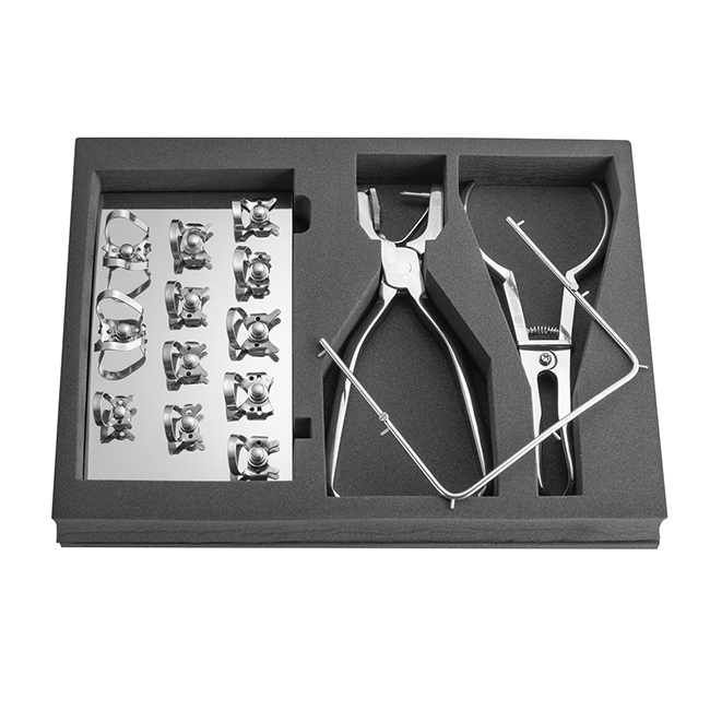 Rubber Dam Technic Set - набор для установки системы раббердам: 12 кламмеров на подставке, перфоратор, щипцы, рамка | Dentech Corporation (Япония)